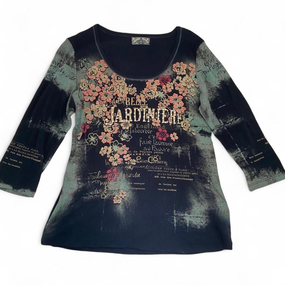 Vanilla Star Shirt Women's Floral Graphic Rhinestones Long Sleeve Size Medium